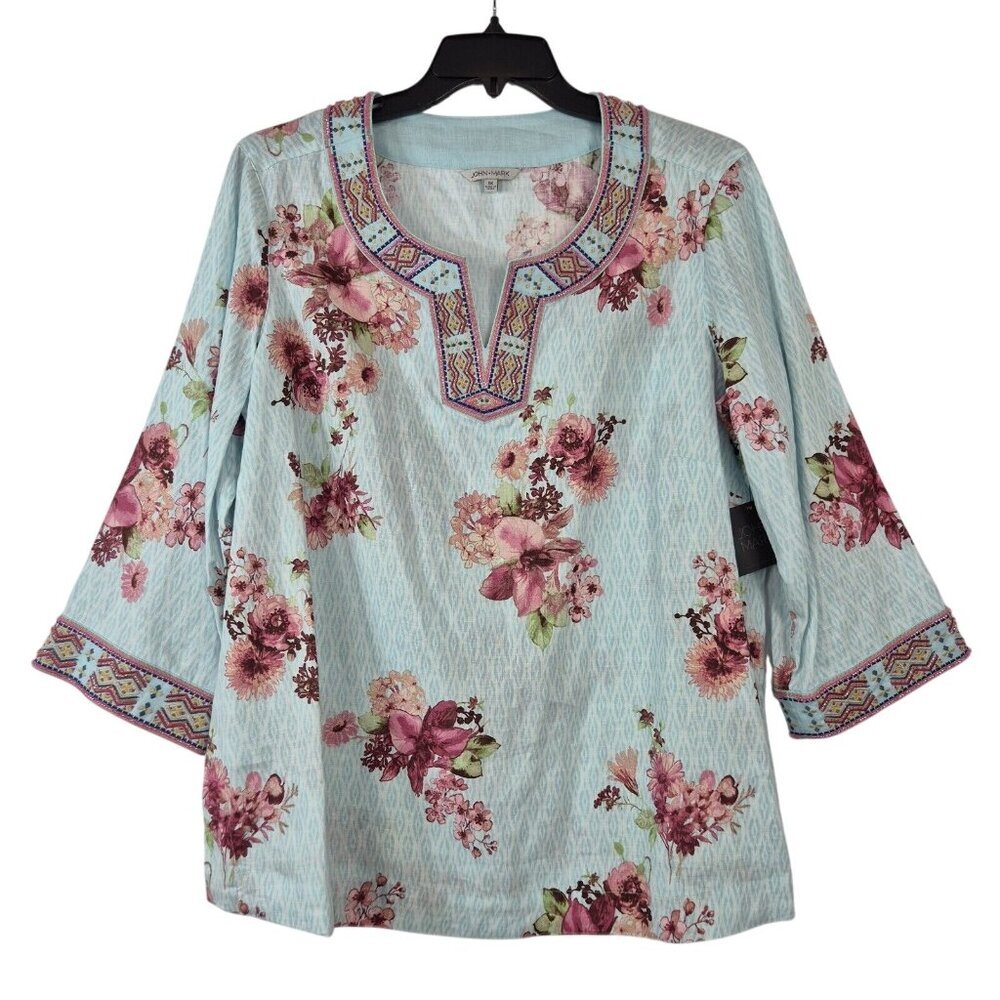 John Mark Women's Floral Print Embroidered and Beaded Tunic Size 1X Blue NWT (7